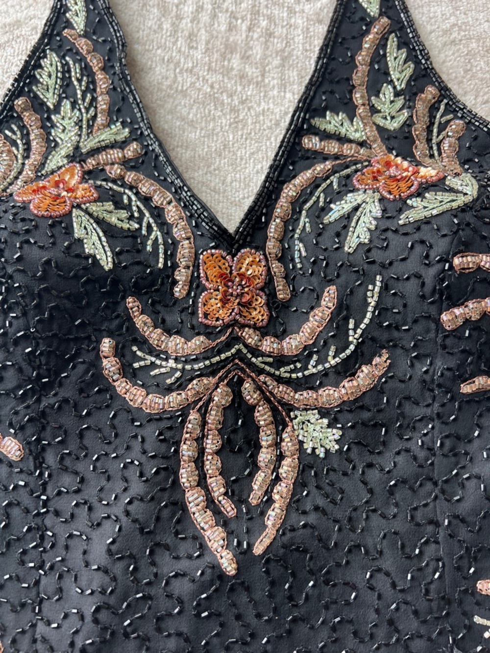 Black Floral Embellished Silk Beaded Corset Tie V-Neck Halter Top SZ: S